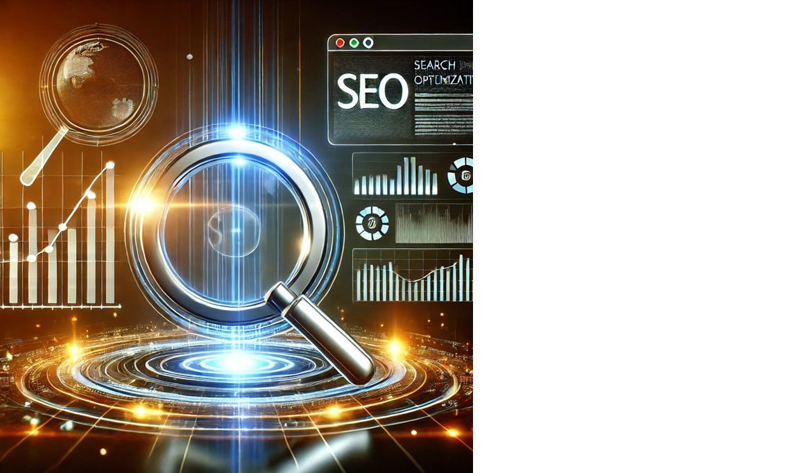 A futuristic SEO concept featuring a magnifying glass over digital analytics dashboards, keyword research charts, and performance metrics with glowing effects.
